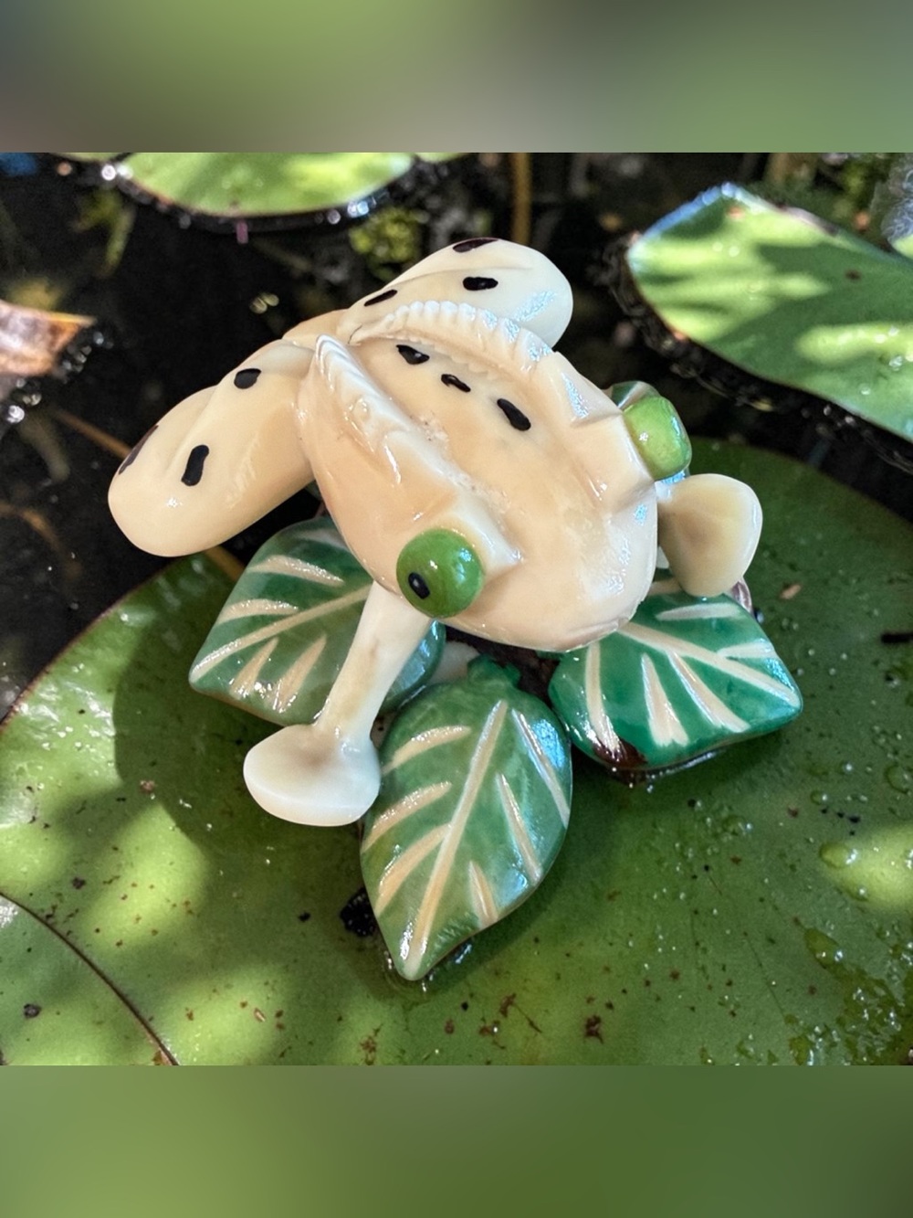 Whimsical Frog Figurine Lily Pads Mushrooms Cottagecor Decor Resin Cream Frog
